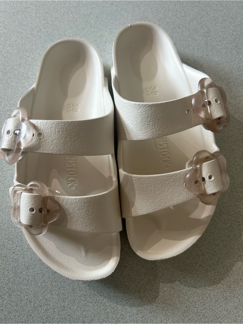Girl’s White Double-Strap Slide Sandals with Decorative Buckles